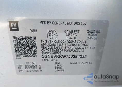 2018 Chevrolet Traverse High Country z USA, uszkodzony, nr VIN 1GNEVKKW7JJ284332